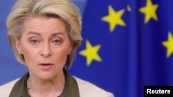 European Commission President Ursula von der Leyen speaks during a news conference in Brussels, Feb. 27, 2022.