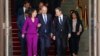 German Foreign Minister Annalena Baerbock, L, NATO Deputy Secretary General Mircea Geoana, 2nd L, and U.S. Secretary of State Antony Blinken, 2nd R, arrive for the group photo at the Informal Meeting of NATO Ministers of Foreign Affair in Berlin, Germany, May 15, 2022.
