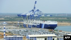 FILE - A photo taken Feb. 10, 2015, shows a general view of Sri Lanka’s deep sea harbor port facilities at Hambantota.