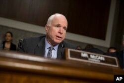 FILE - Senate Armed Services Committee Chairman Sen. John McCain, R-Ariz., speaks on Capitol Hill in Washington, Feb. 9, 2016.