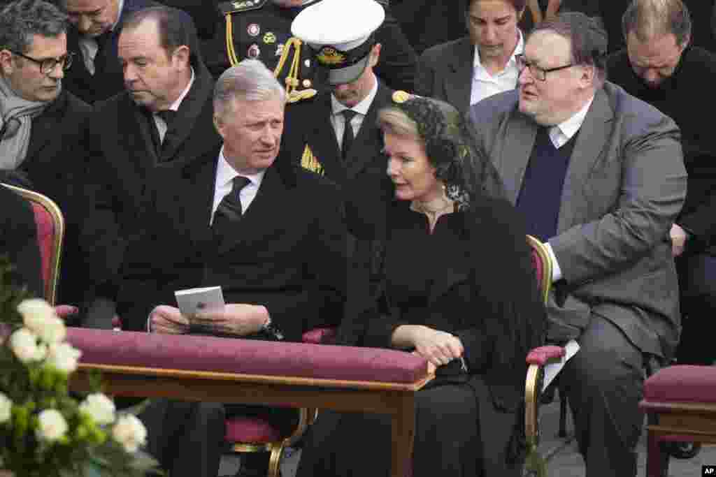 Belgian King Philippe and Queen Mathilde, center, attend the funeral of late Pope Emeritus Benedict XVI in St. Peter's Square at the Vatican, Jan. 5, 2023.