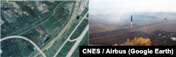 한이 지난 18일 대륙간탄도미사일(ICBM)을 발사한 것으로 추정되는 순안공항 일대를 촬영한 위성사진(왼쪽)과 북한이 공개한 발사장면(오른쪽). 번호가 매겨진 각 지점이 같은 특성을 보인다. 자료=CNES / Airbus (Google Earth)