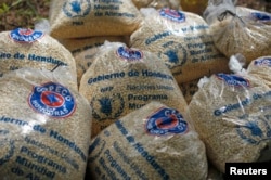 FILE - Bags of provisions, donated by the United Nations World Food Program (WFP) food reserves, are seen during a distribution of food aid to families affected by the drought in the village of Orocuina, Aug. 28, 2014.
