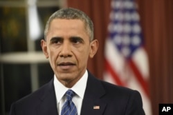 U.S. President Barack Obama speaks about counter-terrorism and the United States fight against Islamic State during an address to the nation from the Oval Office of the White House in Washington, Dec. 6, 2015.