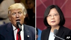 FILE - This combination of two photos shows U.S. President-elect Donald Trump in Cincinatti, Ohio, Dec. 1, 2016, and Taiwan's President Tsai Ing-wen, in Taipei, Taiwan, Oct. 10, 2016. Trump ruffled feathers in Beijing when, breaking with decades of protocol, spoke by phone with Tsai.