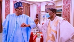 Buhari, hagu da Gwamna Matawalle, dama yayin wata ziyara da ya kai fadar shugaban kasar a watan Fabrairu (Twitter/Matawalle)