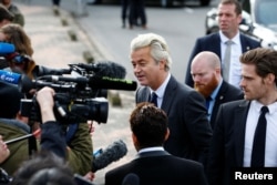 Dutch far right Party for Freedom (PVV) leader Geert Wilders speaks to the press during his campaign for the 2017 Dutch election in Amsterdam, Netherlands, March 5, 2017.