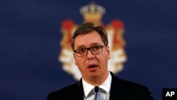 Predsednik Srbije Aleksandar Vučić na konferenciji za štampu u Beogradu, Foto: AP