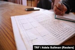 Dense pages filled with Nepali writing include questions from community members to the Tribeni community library in Bhimdhunga, Nepal, Feb. 9, 2018.