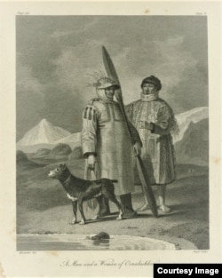 Engraving entitled, "A Man and a Woman of Oonalashka (Alaska)," from an 1802 account of exploration to present-day Alaska. Courtesy of the John Carter Brown Library at Brown University.