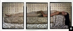 Lalla Essaydi, Bullets Revisited #3, 2012; Triptych, chromogenic prints on aluminum, 150 x 66 in. (Courtesy of the artist, Miller Yezerski Gallery, Boston, and Edwynn Houk Gallery, NYC)