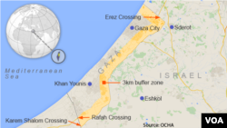 ផែន​ទី​តំបន់​ Gaza Strip ដែល​នៅ​ដាច់​ពី​ដែនដី West Bank របស់​ប៉ាឡេស្ទីន​ដូច​គ្នា។