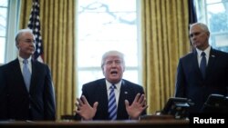 President Trump reacts to the pulling of the American Health Care Act by congressional Republicans before a vote as he appears with Secretary of Health and Human Services Tom Price (left) and Vice President Mike Pence (right) in the Oval Office of the Whi