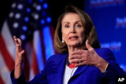 FILE - House Speaker Nancy Pelosi of California speaks at an Economic Club of Washington luncheon in Washington, March 8, 2019.