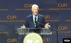 U.S. Republican Senator John Cornyn of Texas addresses pro-Israel American Christian activists at the Washington Convention Center, July 24, 2018. (B. Gharehdaghi/VOA Persian)