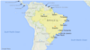 Peta wilayah Brazil, dengan letak kota Sao Paulo, Rio de Janeiro, Salvador, Fortaleza, Belo Horizonte, Brasilia, Curitiba, Manaus, Recife, dan Belem.