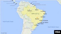 Peta wilayah Brazil, dengan letak kota Sao Paulo, Rio de Janeiro, Salvador, Fortaleza, Belo Horizonte, Brasilia, Curitiba, Manaus, Recife, dan Belem.