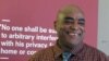 Ethiopian refugee Tadesse Kersmo talks to the media at the London offices of Privacy International Monday, Feb. 17, 2014.