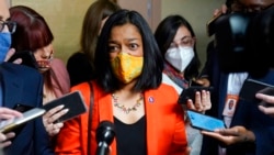 FILE - Rep. Pramila Jayapal, D-Wash, speaks with reporters on Capitol Hill, Oct. 1, 2021.