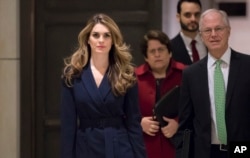 White House Communications Director Hope Hicks, one of President Trump's closest aides and advisers, arrives to meet behind closed doors with the House Intelligence Committee, at the Capitol in Washington, Feb. 27, 2018.