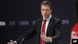 NATO Secretary General Anders Fogh Rasmussen speaks at the Nato summit in Lisbon, Portugal, 20 Nov 2010