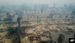 This aerial image shows a neighborhood that was destroyed by a wildfire in Santa Rosa, California, Oct. 10, 2017.