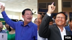 រូបឯកសារ៖ លោក​ ហ៊ុន​ សែន នាយក​រដ្ឋមន្ត្រី​នៃប្រទេស​កម្ពុជា ​(ឆ្វេង) លើកសន្លឹកឆ្នោត​បង្ហាញទៅ​អ្នក​សារព័ត៌មាន​ជាតិ​ និងអន្តរជាតិ​បញ្ជាក់ពី​ការ​ចូលរួម​បោះឆ្នោត​ជ្រើសរើស​ក្រុម​ប្រឹក្សា​ឃុំ-សង្កាត់ នៅ​ខេត្ត​កណ្តាល​នៅថ្ងៃទី​៤​ ខែ​មិថុនា​ ឆ្នាំ២០១៧។ ក្នុង​ថ្ងៃ​នេះ​ដែរ។ (VOA Khmer)