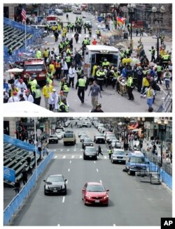 Then and Now, this combination of April 15, 2013 and April 14, 2014 photos of Boylston Street