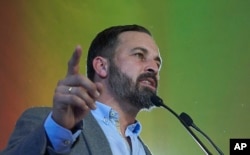 FILE - Spain's far-right Vox Party President Santiago Abascal takes part in a rally during regional elections in Andalusia, in Seville, Spain, Dec. 2, 2018.