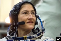 U.S. astronaut Christina Hammock Koch, a member of the International Space Station expedition, attends her final exam at the Gagarin Cosmonauts' Training Center in Star City outside Moscow, Russia, Feb. 20, 2019.