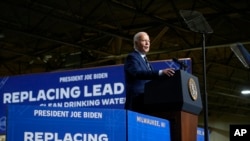 President Joe Biden speaks at an Oct. 8, 2024, event at the Milwaukee Department of Public Works in Milwaukee, Wisconsin, to discuss his administration's progress in replacing lead pipes in Wisconsin and across the country. 