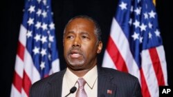 FILE - Republican presidential candidate Dr. Ben Carson speaks at a news conference in Henderson, Nevada, Nov. 16, 2015.