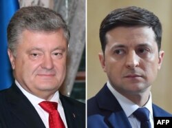 FILE - This combination of file pictures shows presidential candidates, Ukrainian President Petro Poroshenko (L), taken Nov. 3, 2018, and Ukrainian comic actor and showman Volodymyr Zelenskiy, taken March 6, 2019.
