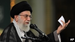 FILE - Iran's supreme leader, Ayatollah Ali Khamenei, is seen delivering a speech during a meeting in Tehran, Aug. 17, 2015.