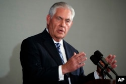 Secretary of State Rex Tillerson speaks at a press briefing during the United Nations General Assembly, Sept. 20, 2017, in New York. Tillerson attended the highest-level meeting between U.S. and Iranian officials since the start of the Trump administratio