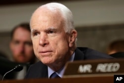 FILE - Senate Armed Services Committee Chairman Sen. John McCain speaks on Capitol Hill in Washington, May 23, 2017.