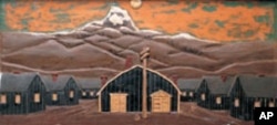 Artist Unidentified, Interned at Heart Mountain, Wyoming, Camp Scene, Wood, paint, Collection of the Japanese American Museum of San José, From "Art of Gaman" by Delphine Hirasuna, ©2005, Ten Speed.