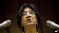 UN High Commissioner for Human Rights Navi Pillay addressed the Human Rights Council on Syria at the United Nations in Geneva, September 10, 2012 file photo.