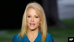 FILE - Kellyanne Conway, senior adviser to President Donald Trump, speaks during an interview outside the White House, in Washington, May 10, 2017. The White House Wednesday posted on its website ethics waivers granted to four ex-lobbyists and numerous ot