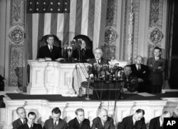 FILE - This Jan. 7, 1943, photo shows President Franklin D. Roosevelt giving what was then known as the president's annual message to Congress on Capitol Hill in Washington.