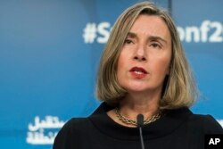 FILE - European Union foreign policy chief Federica Mogherini addresses the media during a conference at the EU Council in Brussels on April 25, 2018.