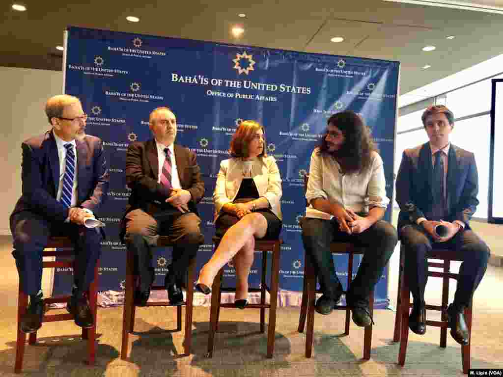 The Baha’is of the United States and the Religious Freedom Center hold a panel discussion at Washington’s Newseum, July 26, 2018. Other panelists include "The Cost of Discrimination" filmmaker Arash Azizi, second right, and Baha’i Institute for Higher Education instructor Saman Mobasher, right.