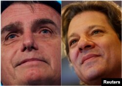 FILE - A combination of file photos shows presidential candidates Jair Bolsonaro (L) and Fernando Haddad.