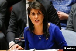 FILE - U.S. Ambassador to the United Nations Nikki Haley speaks during an emergency Security Council meeting on Syria at U.N. headquarters in New York, April 14, 2018.