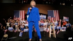 Democratic presidential candidate Hillary Clinton speaks during a rally at Louisville Slugger Field's Hall of Fame Pavilion in Louisville, Kentucky, May 10, 2016.