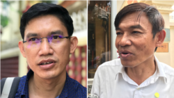 រូបផ្គុំ៖ លោក យាង សុធារិន្ទ (ឆ្វេង) និងលោក អ៊ួន ឈិន (ស្តាំ) ក្នុងពេលដែល​ពួកគេ​ថ្លែង​ជាមួយ​អ្នកកាសែត​នៅក្រៅ​របង​តុលាការ​កំពូល​ក្នុងទីក្រុង​ភ្នំពេញ​ ថ្ងៃទី ២២ ខែតុលា ឆ្នាំ​២០២០។ (ហ៊ុល រស្មី/វីអូអេ)