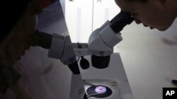 FILE - FILE - A visitor to the 21st China Beijing International High-tech Expo looks at a computer chip through the microscope displayed by the Tsinghua Unigroup project in Beijing, on May 17, 2018. 