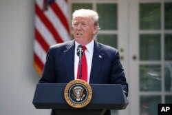 President Donald Trump speaks about a shooting and explosion in Manila, June 1, 2017, in the Rose Garden of the White House in Washington.