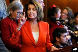 House Minority Leader Nancy Pelosi of Calif., speaks during a news conference in opposition to the Republican tax bill, Dec. 19, 2017, on Capitol Hill in Washington.