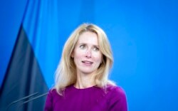 FILE - Kaja Kallas, Prime Minister of Estonia, addresses the media in Berlin, Germany, Aug. 17, 2021.